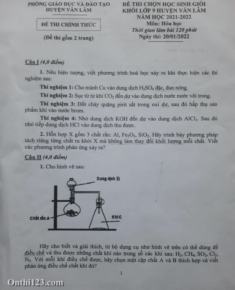 Đề thi HSG Hoá học 9 huyện Văn Lâm Hưng Yên 2021 2022 Ôn thi 123