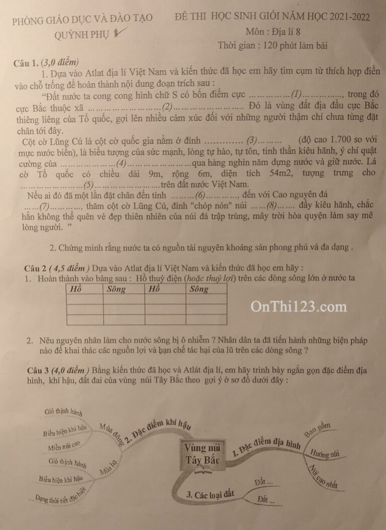 Đề thi HSG Địa lí 8 huyện Quỳnh Phụ Thái Bình 2021 2022 Ôn thi 123