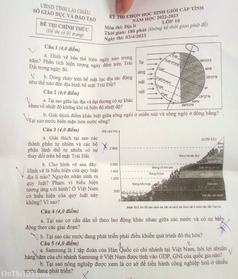Đề thi HSG Địa lý 10 tỉnh Lai Châu 2022 2023 Ôn thi 123