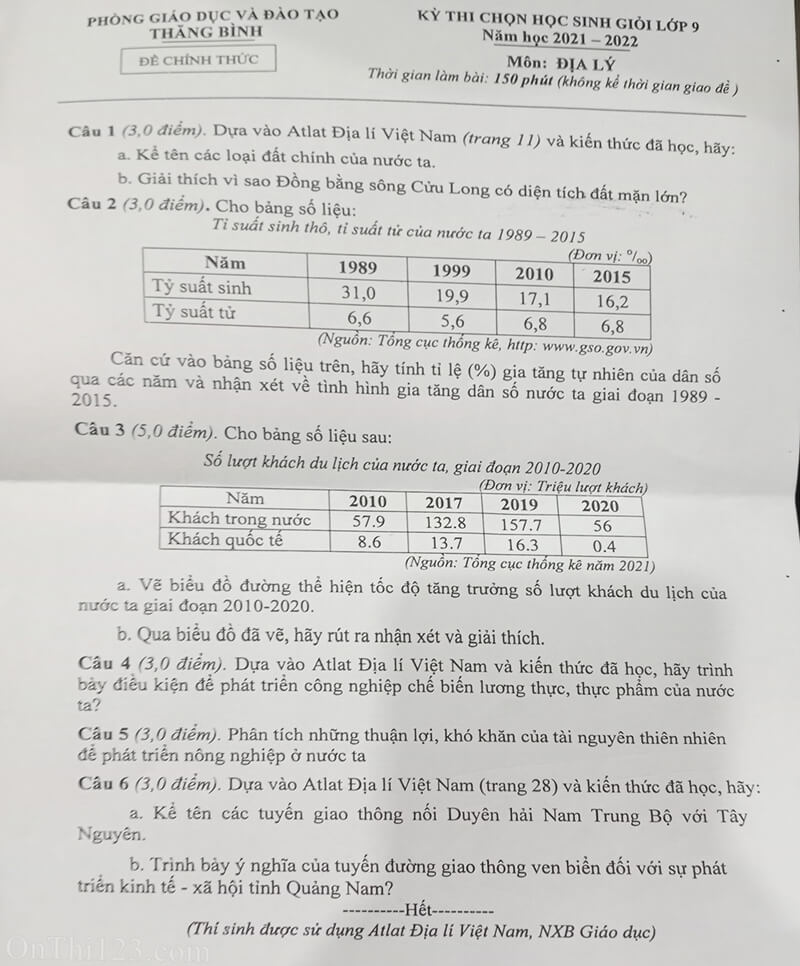 Đề thi HSG Địa lí 9: \